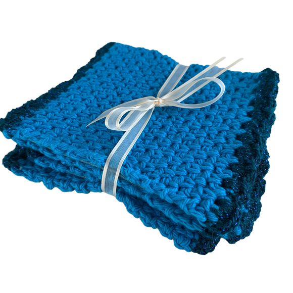 Mug Rugs Handmade Crochet Turquoise Blue Cotton Glitter Edging Set of 4 Coasters - Picture 9 of 10